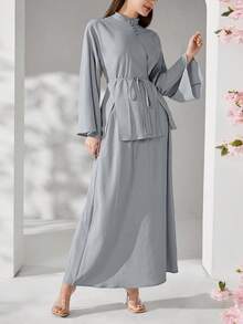 Al Najma 女士纯色纽扣设计长袖衬衫和中长裙优雅两件套 - 藍色 - 查看 7