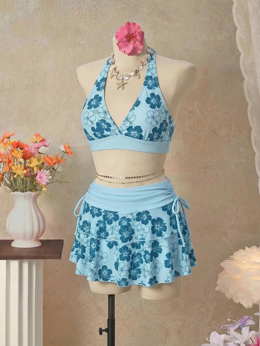 Bellisia 26SS 橙色挂脖三角比基尼上衣配同款半裙三件套,沙滩/度假装 - 水鴨藍 - 查看 1