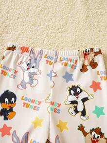 LOONEY TUNES X SHEIN Bộ đồ ngủ bé trai in hình hoạt hình, gồm áo tay ngắn cổ tròn và quần legging. - trắng - Xem 5