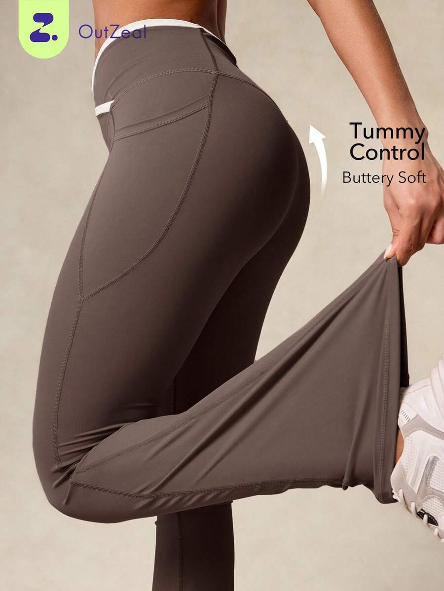 OutZeal Pantalones de mujer para exteriores, gimnasio, yoga, senderismo, de secado rápido y transpirables, con cintura cruzada y piernas acampanadas, leggings deportivos para primavera y verano - Marrón - Ver 1