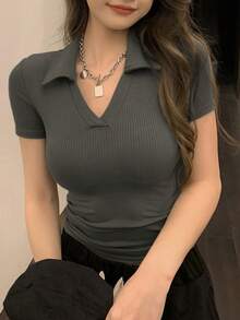 DAZY Women's Slim Fit Short Sleeve Polo Shirt, Solid Color Summer - Olive Green - View 11