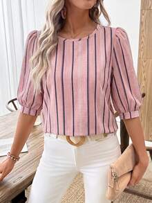 EMERY ROSE Women's Casual Commuter Printed Lantern Sleeve Shirt,Summer Top - Multicolor - View 4