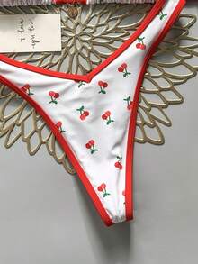 Swim MOD 2pcs/Set Random Floral Print Gold Disc Decor Halter Triangle Bikini Top And High Cut Thong Bottoms Sexy Swimwear Set, Spring/Summer - Multicolor - View 4