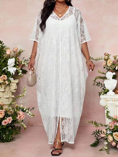 Fleurora Plus Size Elegant Festklänning i enfärgad spets