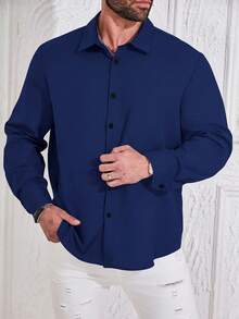 Manfinity Homme Plus Size Men's Casual Simple Front Button Long Sleeve Shirt, Suitable For Commuting & Business - Navy Blue - View 5