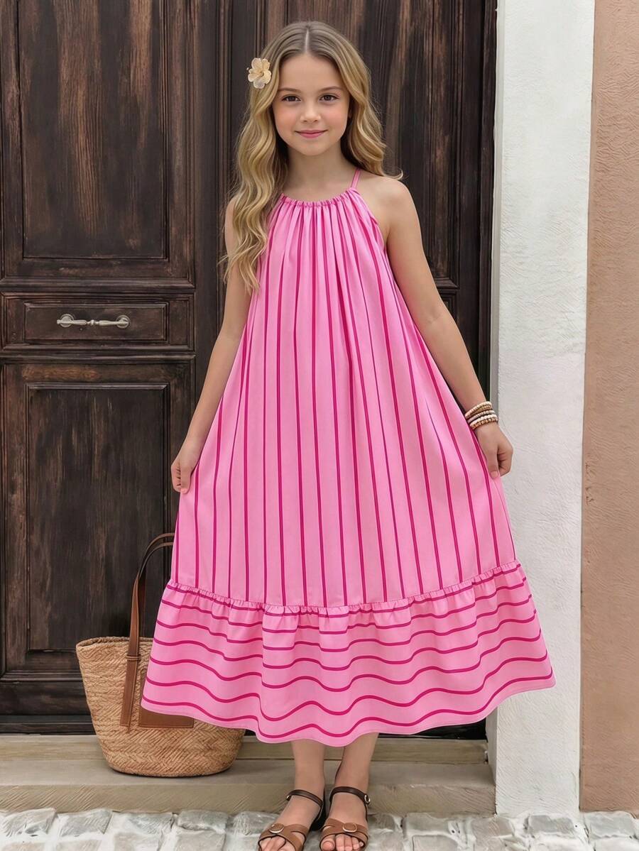 SHEIN Vestido holgado de halter a rayas fucsia informal y cómodo para niña preadolescente, estilo hawaiano de playa y vacaciones, conjunto a juego madre-hija - Rosa Fucsia - Ver 1
