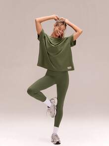 GLOWMODE Áo thun tay ngắn cổ tròn dáng rộng unisex chất liệu cotton Pima, thích hợp mặc hàng ngày. - Màu xanh Ô liu - Xem 6