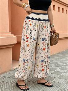 SHEIN LUNE Quần ống loe cạp chun dành cho nữ cỡ lớn, quần dài thoải mái cho kỳ nghỉ, họa tiết hoa thời trang, thích hợp cho mùa hè. - Nhiều màu - Xem 5