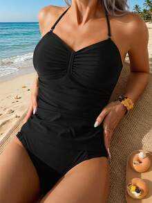 Swim Lushoire Women's Casual Versatile Ruched Fitted Camisole & Bikini Set - Black - View 1