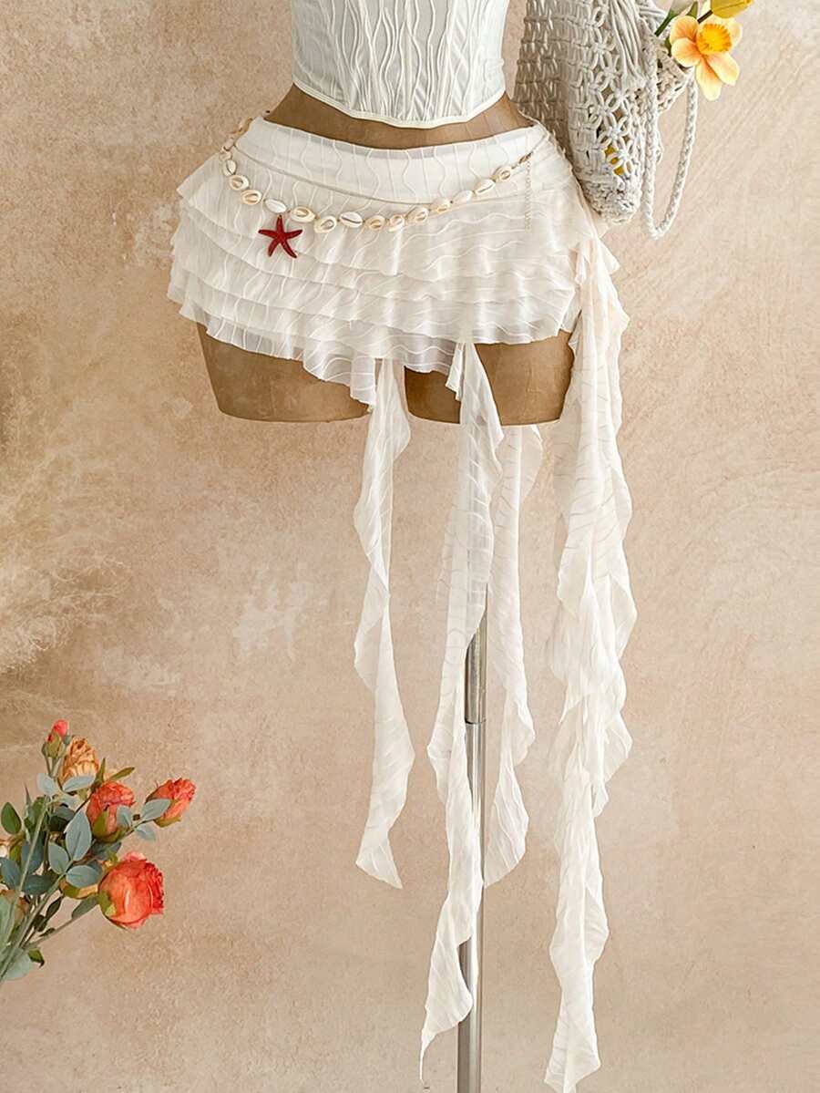 Soleia Plus Size White Autumn Boho Beach Vacation Gym Skirt, Elegant Solid Color Low Waist Layered Ruffle Asymmetric Hem Skirts, Cute Floral Fall - White - View 1