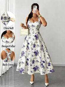 SHEIN Raffinéa Đầm nữ thanh lịch, lãng mạn, in hoa màu tím, chất liệu co giãn cao cấp, dây mảnh, thiết kế buộc eo, nơ thắt sau lưng, eo nhún, thiết kế đa năng phù hợp cho tiệc tùng, lễ hội âm nhạc, thường ngày, kỳ nghỉ, hẹn hò, ngày Valentine, đầm dài ngang gối, mùa xuân/hè, lễ tốt nghiệp, dạ hội, dự tiệc cưới, đầm dài nữ. - Nhiều màu - Xem 1