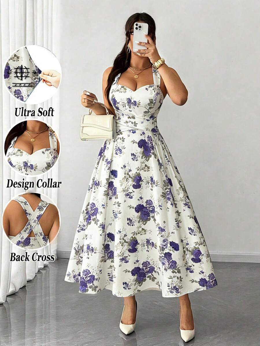 SHEIN Raffinéa Đầm nữ thanh lịch, lãng mạn, in hoa màu tím, chất liệu co giãn cao cấp, dây mảnh, thiết kế buộc eo, nơ thắt sau lưng, eo nhún, thiết kế đa năng phù hợp cho tiệc tùng, lễ hội âm nhạc, thường ngày, kỳ nghỉ, hẹn hò, ngày Valentine, đầm dài ngang gối, mùa xuân/hè, lễ tốt nghiệp, dạ hội, dự tiệc cưới, đầm dài nữ. - Nhiều màu - Xem 1