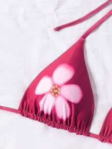 Swim SXY 两件套，夏季紫红色花卉印花双面三角挂脖系带露背性感可爱女士沙滩派对热带比基尼泳装 - 彩色 - 查看 4