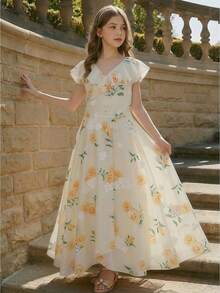 SHEIN Tween Girls'Elegant Minimalist V-Neck Ruffle Collar High Waist Chiffon Dress,Beige,Summmer,Casual,Party Graduation/Wedding Flower Girl Dress - Multicolor - View 5