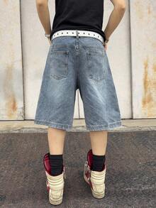 Manfinity EMRG Men's Vintage Printed Gray-Blue Denim Capri Pants, Streetwear Style - Grey - View 2