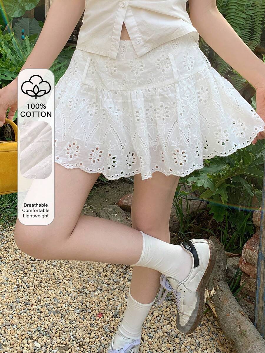 DAZY 刺绣提花面料褶皱迷你裙,性感少女夏季度假白色A字裙 - 白色 - 查看 1