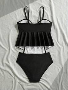 SHEIN 少女吊带比基尼，粉色底大碎花比基尼套装，沙滩泳装，春夏少女泳衣，蝴蝶结连体泳衣，少女泳衣，少女泳衣，均码夏季假日碎花印花吊带比基尼沙滩装，吊带比基尼泳衣套装，夏季沙滩装 - 黑色 - 查看 2