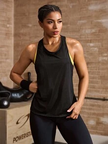 Powerista Letter & Striped Print Racerback Summer Sports Tank Top - Black - View 2