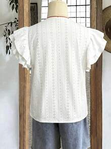 Mellowie Hollow Lace Textured Plus Size Blouse With Flared Sleeves - White - View 2