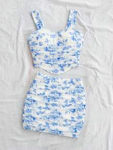 SHEIN 少女休闲碎花不对称下摆背心和半身裙套装，舒适简约 - 藍白色 - 查看 5
