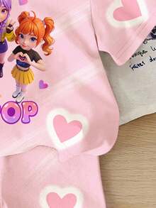 Young Girl K-POP Cartoon Cute Heart Pattern Light Pink 2-Piece Set,Short Sleeve T-Shirt And Knee Length Cycling Shorts,Summer,Family Matching,Daily Wear - Multicolor - View 7