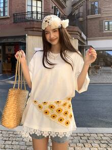 DAZY Women's Round Neck Korean Style Lace Patchwork Short Sleeve T-Shirt Summer - White - View 3