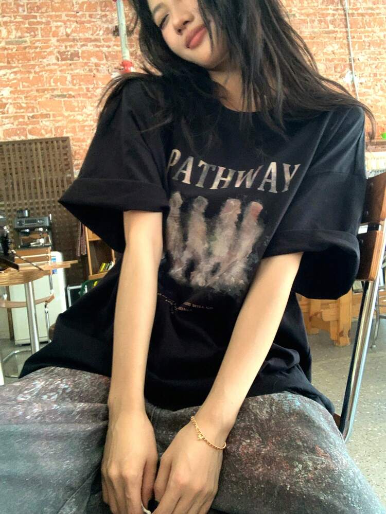 Women's Round Neck Printed Korean Style Casual Short Sleeve T-Shirt Graphic Tees Women Summer