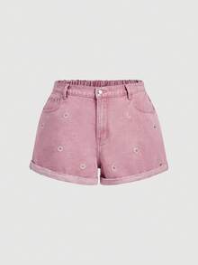 Sweetra Quần short nữ cỡ lớn thêu hoa hướng dương tối giản màu hồng - Hồng - Xem 5