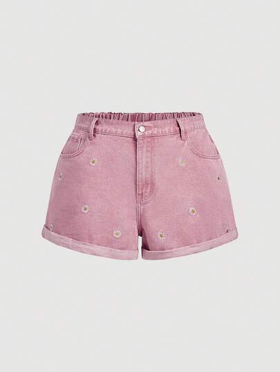 Sweetra Plus Size Women's Minimalist Embroidered Sunflower Pink Shorts