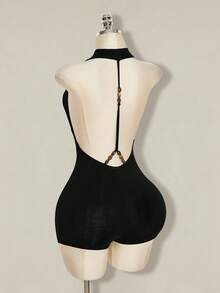 SHEIN ICON Y2K Sommer Damen Club Schwarzer Sexy Ausgehparty Abschlussball einfarbiger tiefer drapierter Ausschnitt Neckholder Romper - Schwarz - Übersicht 17