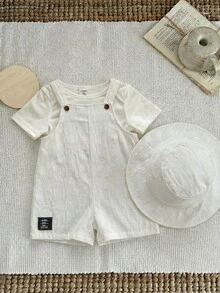 SHEIN 2件組嬰兒男孩女孩夏季條紋吊帶連身褲與漁夫帽套裝，休閒度假穿搭，適合戶外、海灘與沙灘 - 彩色 - 查看 5