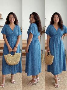 Enliva Vestido de talla grande con mangas tipo murciélago y estampado de lunares bohemio, outfit para mujer en verano - azul real - Ver 4