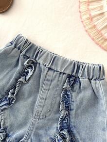 SHEIN LMoss Kids 女婴蓝色夏季休闲荷叶边松紧腰牛仔短裤 - 藍色 - 查看 4