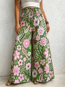 Linhara CURVE Colorful Floral Print Plus Size Wide Leg Pants - Green - View 3