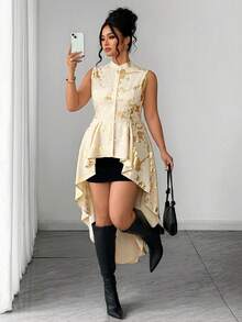 SHEIN Clasi Plus Size Women's Elegant White Summer Sleeveless Sequin Night Out Club Stand Collar Irregular Hem Gold Foil Fabric Longline Blouse,Party Top Shirt - Champagne - View 6