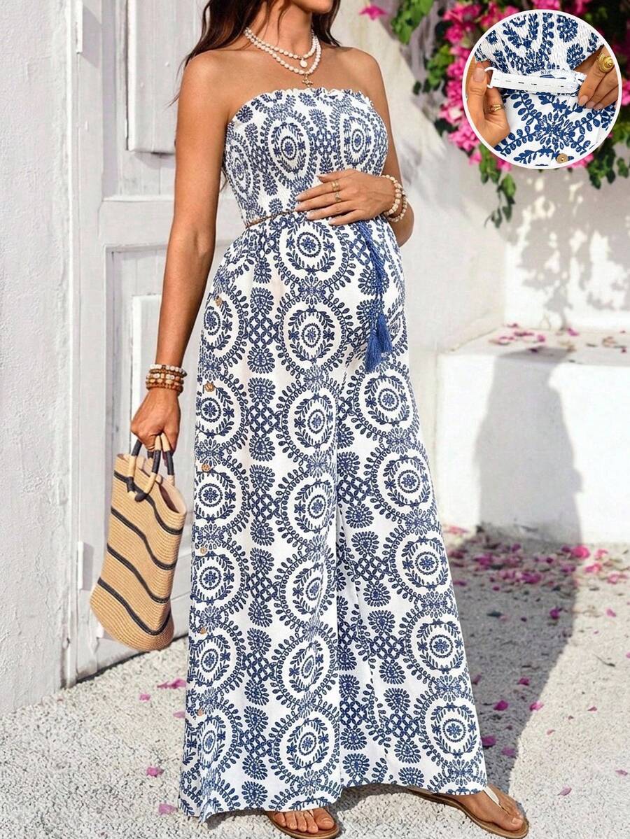SHEIN Maternity Tropical Plant Print Tube Top And Adjustable Waist Loose Pants 2 Pieces Set, Versatile For Vacation - Blue and White - View 1