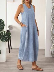 EMERY ROSE Vestido vaquero informal sin mangas de talla grande - Lavado ligero - Ver 3