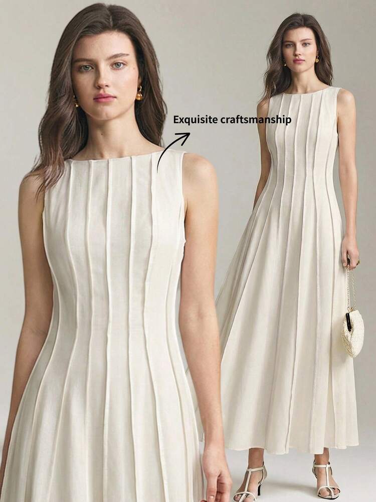 Women's Elegant Summer Off-White Sleeveless Dress,Patchwork Fitted Tea Party T-Shirt Dress,Chic Old-Money Style Wedding Guest & Cruise Business Wear