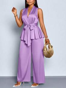 SOLERSUN 2pcs Women Plus Size Summer Solid Satin Sleeveless Knot Waist Top And Wide Leg Pants Set - Purple - View 6