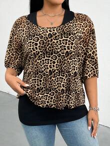 SHEIN Essnce Ensemble deux pièces pour femmes grandes tailles, mode printemps/été décontracté, extensible et confortable. Gilet long noir polyvalent et affinant, avec cache-maillot transparent à imprimé léopard. Tenue de sortie, tenue de travail, style simple, été européen - Tabac - Voir 5