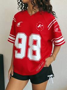 SHEIN ChillGRL Camiseta de manga corta con cuello en V y estampado de pentagrama, versátil y casual, adecuada para deportes, compras y uso diario, para niñas preadolescentes - Rojo - Ver 3