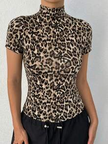 Blusa de cuello alto de unicolor minimalista, de manga corta y ajustada para mujer, de verano - Albaricoque - Ver 3