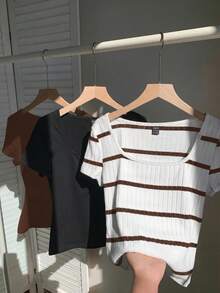 Comfortcana 3件套棕白条纹纯色加大码女式短袖T恤套装 - 彩色 - 查看 4