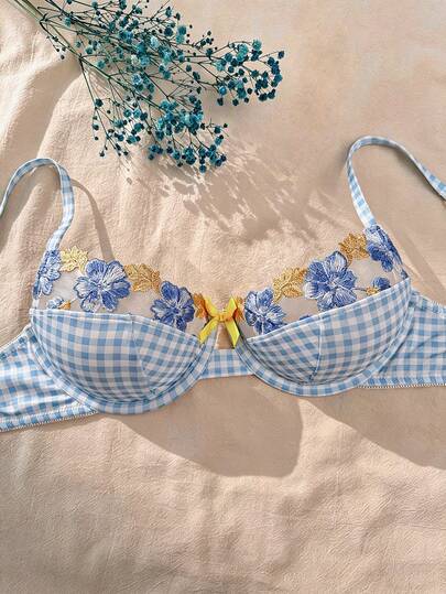  CottageSlumber Lace Patchwork Sky Blue Plaid Floral Print Spaghetti Strap Bra, Fresh And Romantic Daily Wear For Women