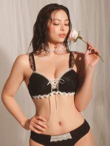 DelicateAllure 3/4 Cup Push Up Bra With Criss-Cross Straps, Bow Accent, Heart-Shaped Sheer Panel, Floral Embroidery, Ruffle Trim - Black - View 3