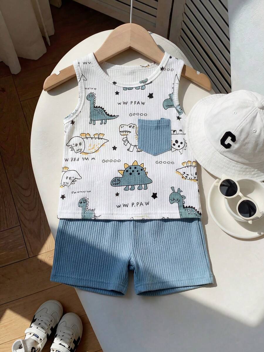 SHEIN Vintaside Kids Bộ áo thun không tay cổ tròn in hình khủng long hoạt hình mùa hè cho bé trai kèm quần short xanh trơn, phong cách sống động & dễ thương, thích hợp cho các chuyến phiêu lưu ngoài trời, thoải mái khi mặc ở nhà và tiệc tùng vui vẻ - Màu xanh lam - Xem 1