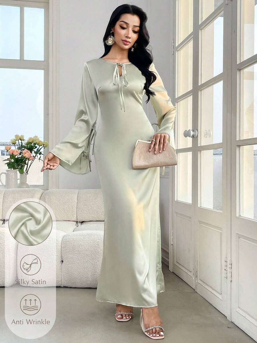 Veilorie Đầm dài tay ôm dáng thanh lịch, cổ buộc dây, màu trơn dành cho nữ. - màu xanh lá - Xem 1