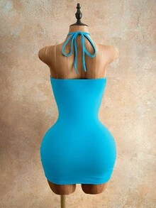 Mistrie 女士夏季度假3D立体花卉装饰荷叶边露背紧身连衣裙 - 藍色 - 查看 7