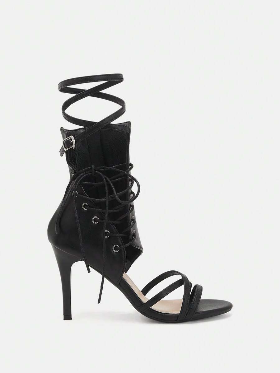 Glitzique Women's Cross Strap, Open Toe, Roman Style, High Heel Boots, With Fine Heels And Open Toe Design