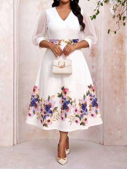 SHEIN Lady Plus Size Elegant Party Floral Print Mesh Patchwork Dress